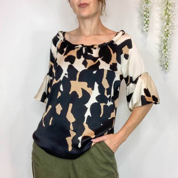 ROBERTO CAVALLI satin silk animal print top balloon flared sleeve y2k 90s - Picture 12 of 13